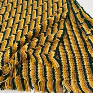 Vintage Afghan throw blanket with fringe green yellow 48” x 42”  70’s 80’s